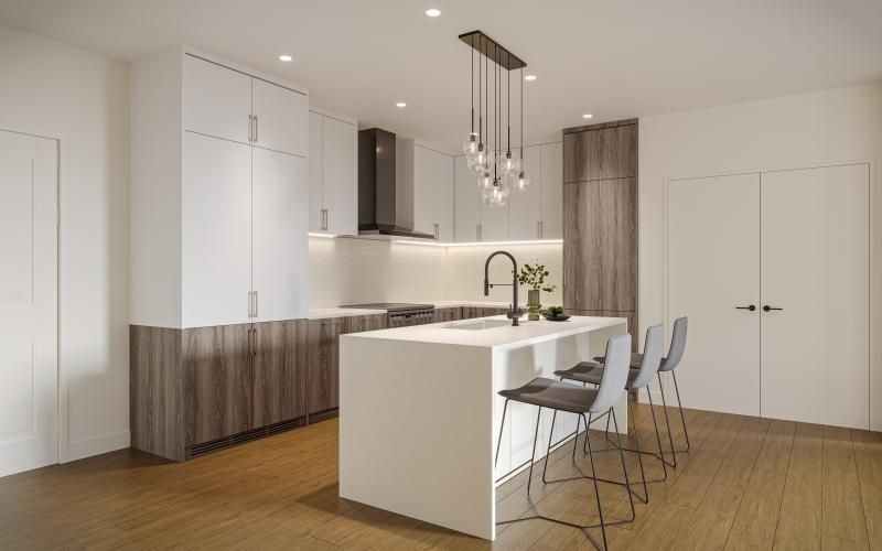 a kitchen with white cabinets