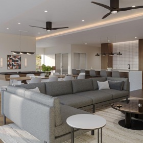 a living room with a couch and a table